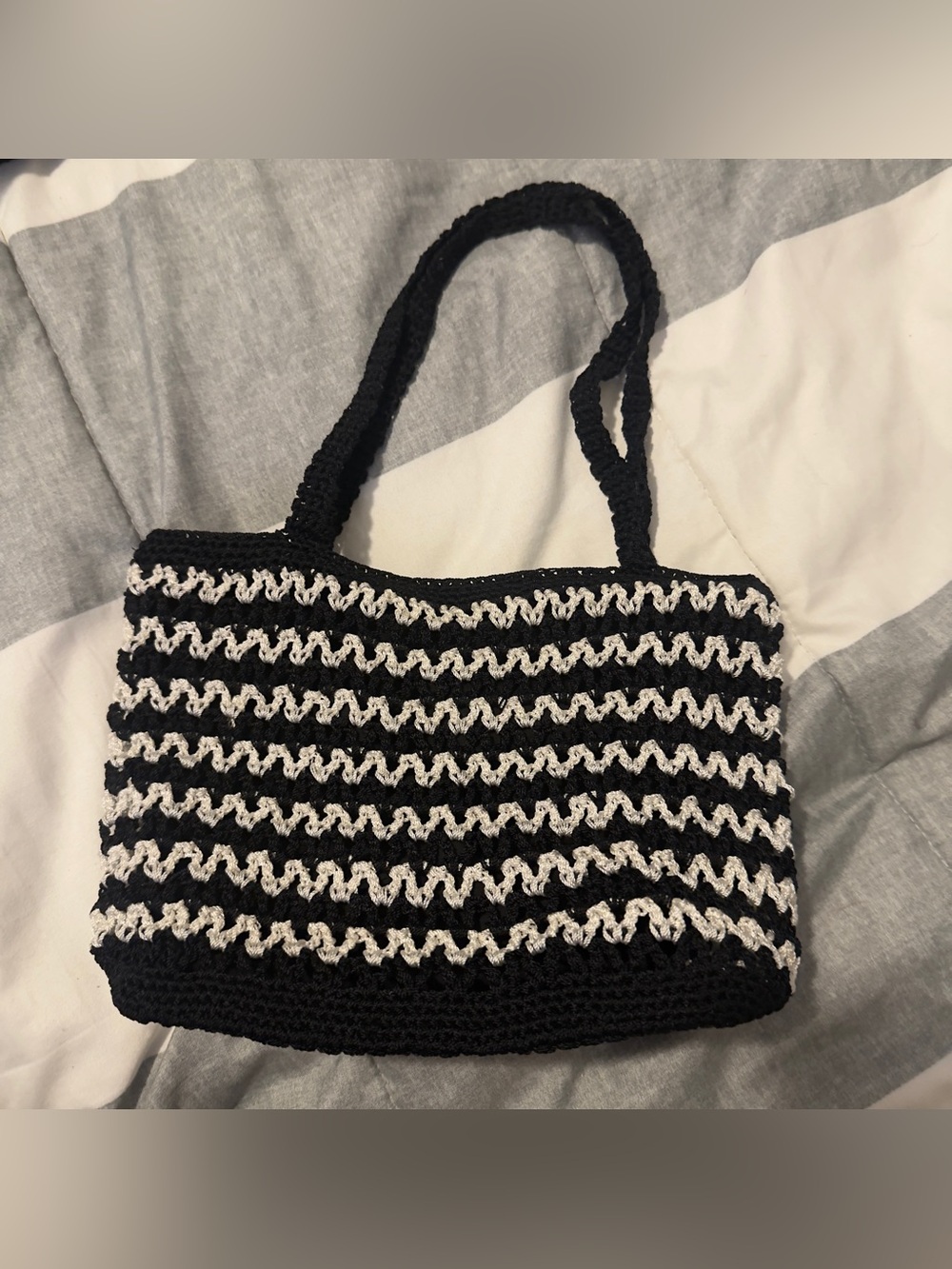 Black and White Crochet Tote Bag - Women